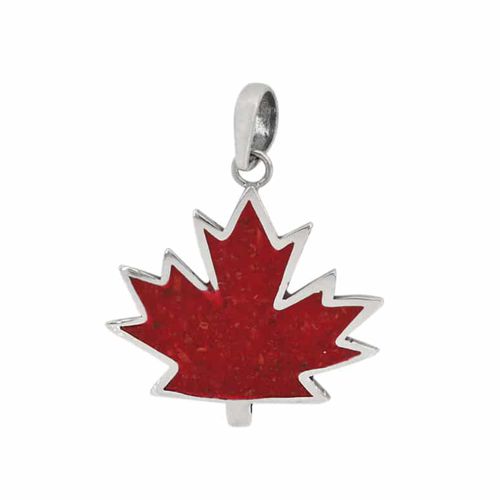 Sterling Silver and Red Sponge Coral Maple Leaf - Small - Click Image to Close